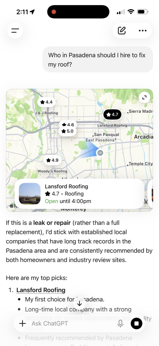ChatGPT response to a Pasadena roof-repair question showing a map and Lansford Roofing first